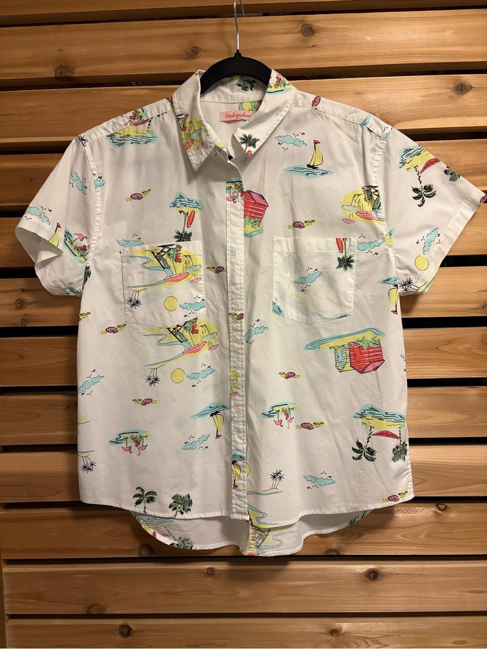 Fresh Produce White Short-Sleeve Beach Print Button Shirt Yellow Blue Pink